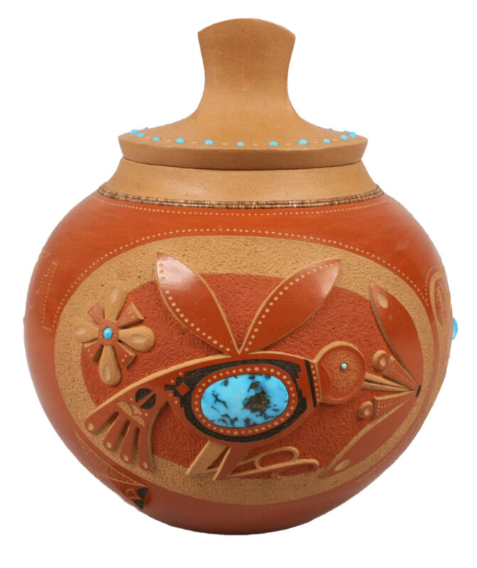 Lot 364: Red glazed & Turquoise Pot with lid by Tony Da