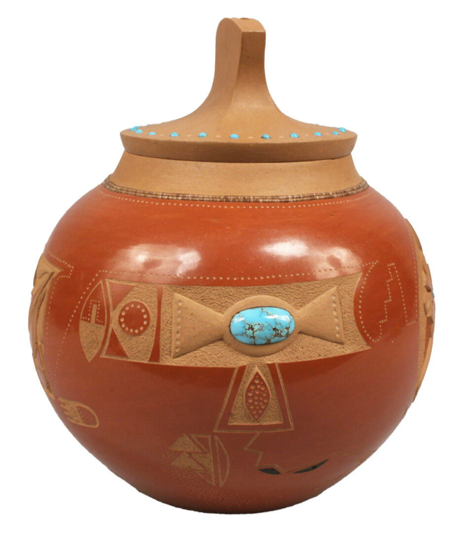 Lot 364: Red glazed & Turquoise Pot with lid by Tony Da