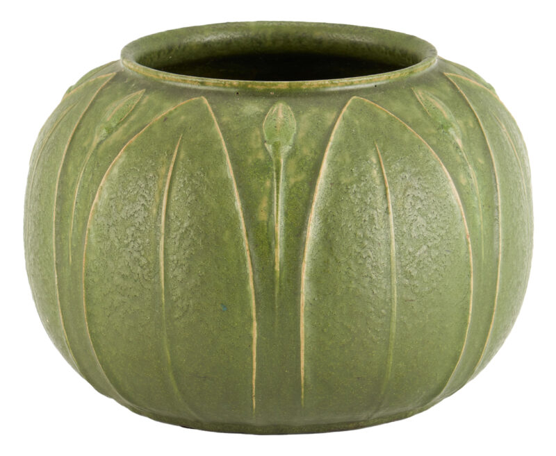 Lot 526: Grueby Art Pottery Low Vase, Green Matte Glaze