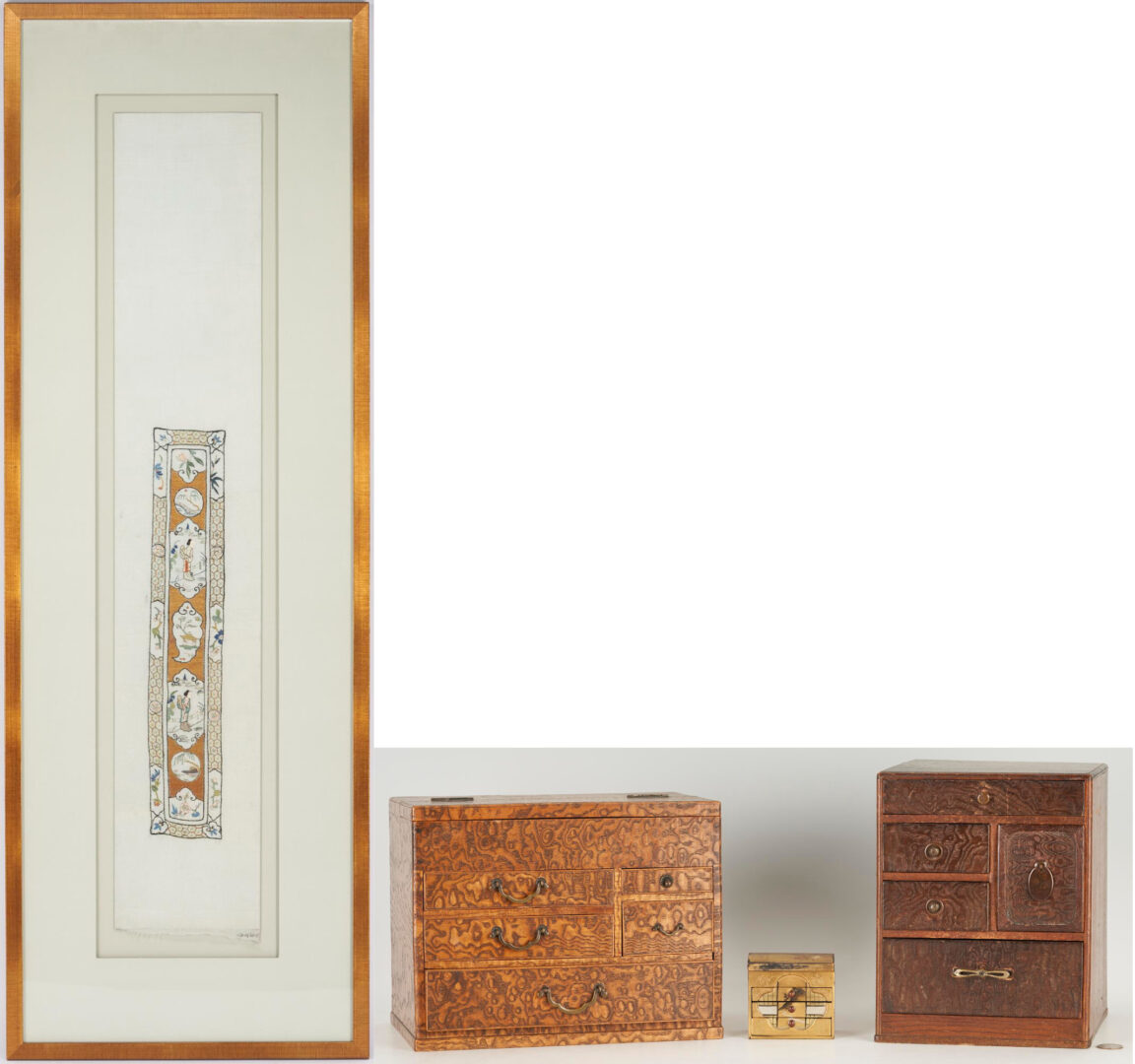 Lot 1006: Two (2) Japanese Tansu Boxes, 1 Signed Miniature Lacquer Box & Chinese Silk Textile