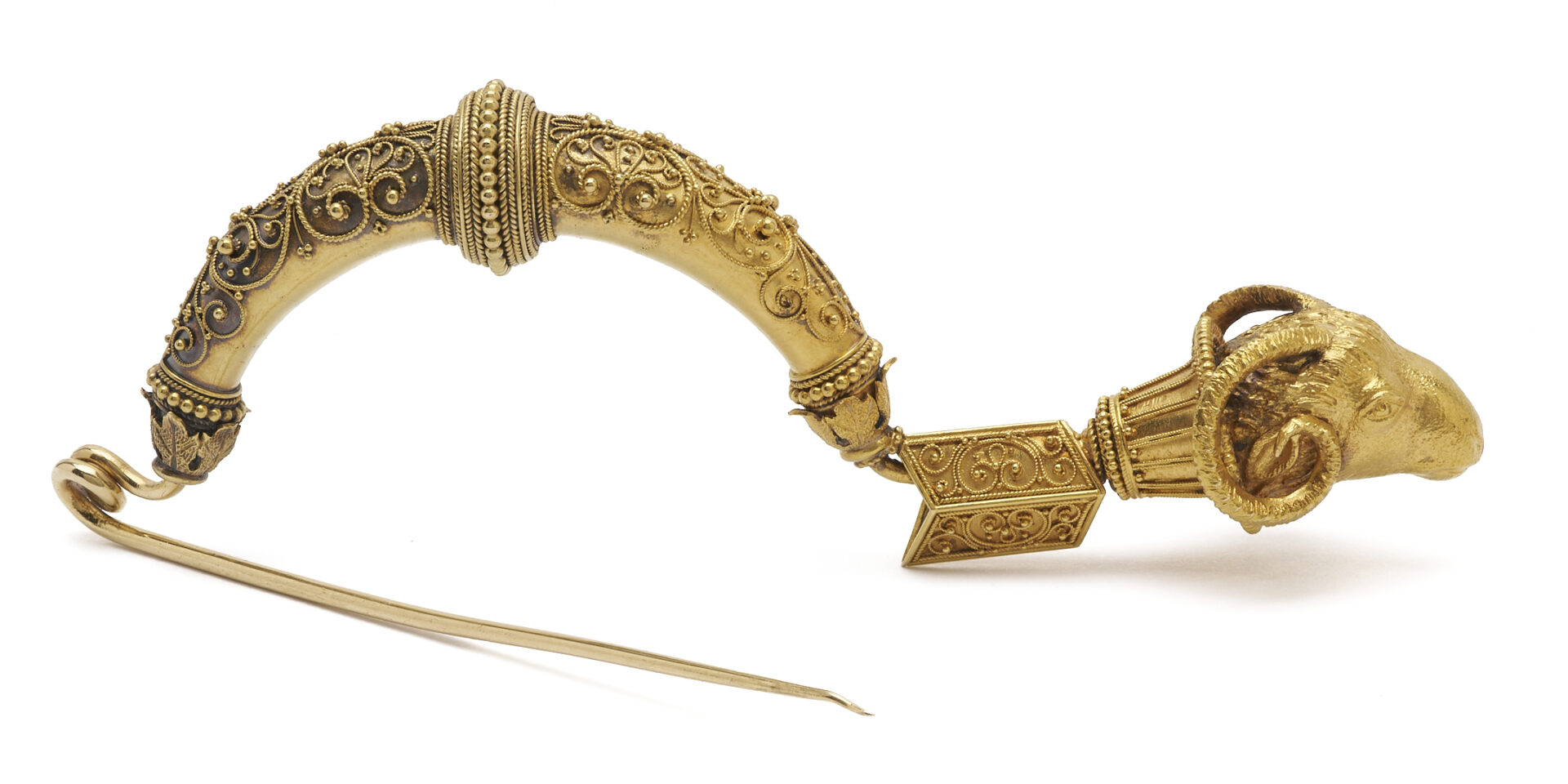 Lot 313: 21K Gold Etruscan Revival Fibula Ram’s Head Brooch circa 1880