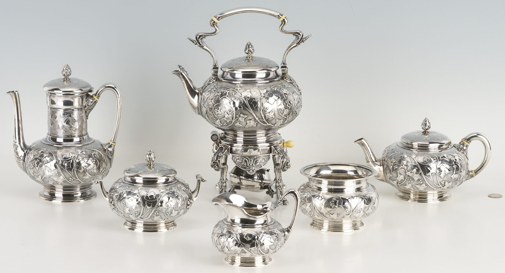 Lot 75: Antique 6 pc. Tiffany Sterling Silver Tea Set, Ivy Chased Pattern