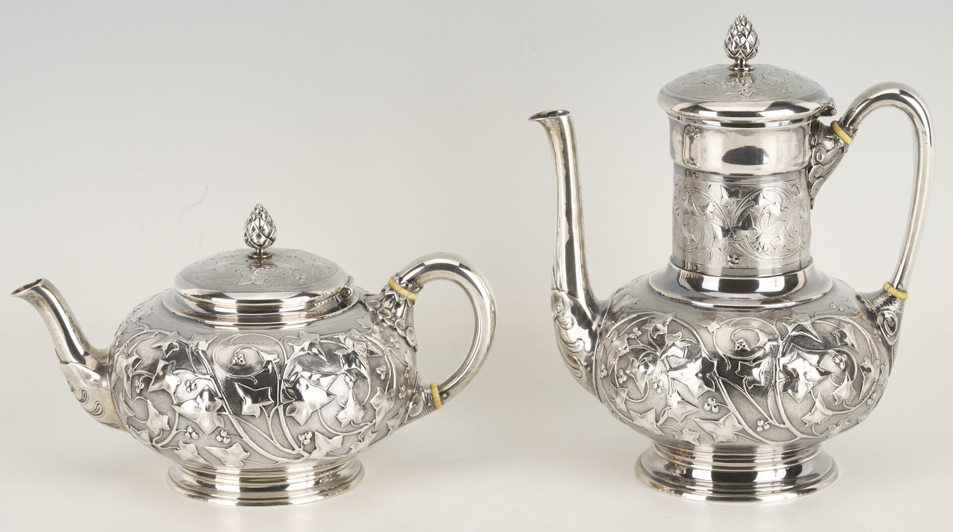 Lot 75: Antique 6 pc. Tiffany Sterling Silver Tea Set, Ivy Chased Pattern
