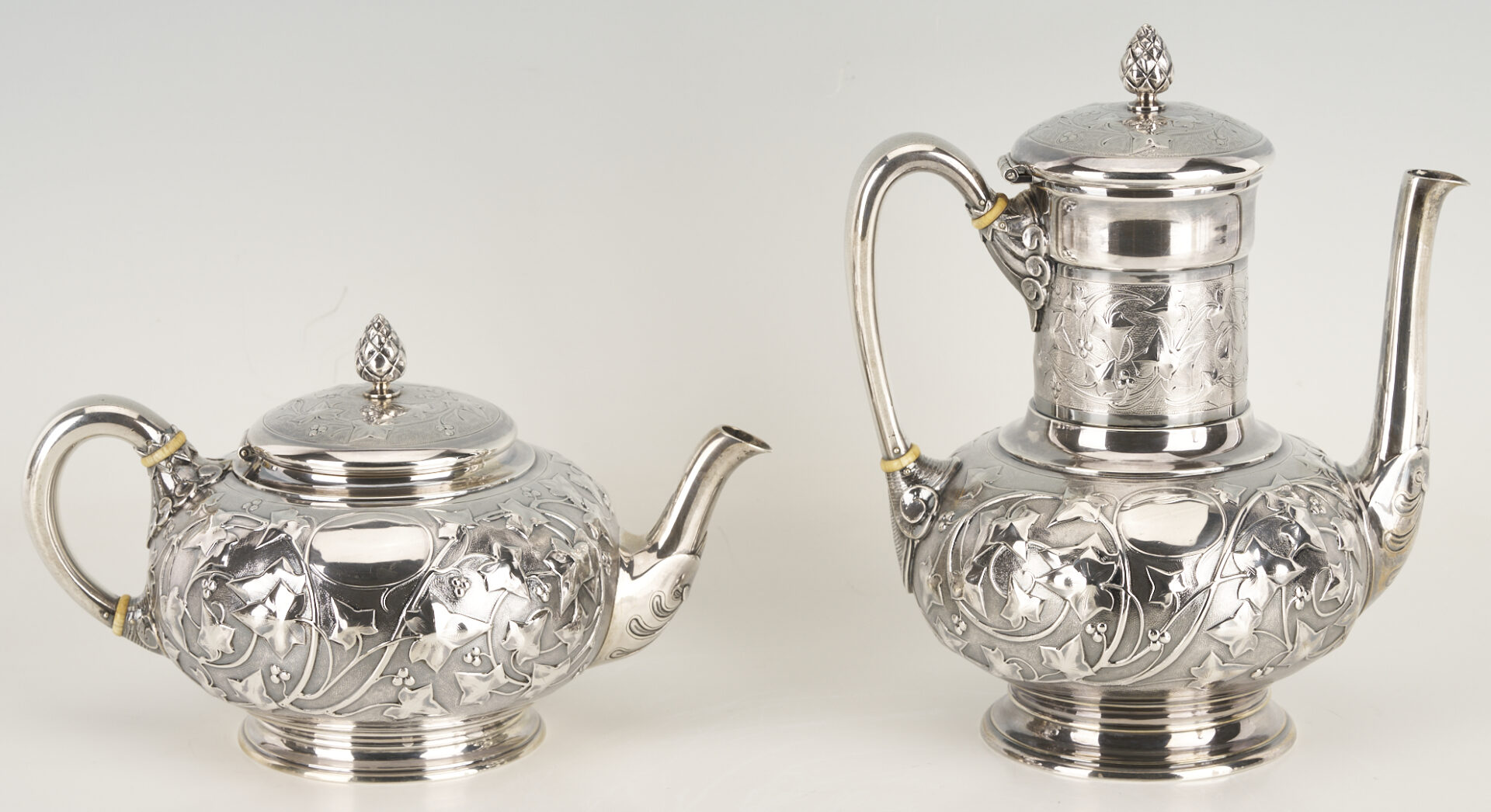 Lot 75: Antique 6 pc. Tiffany Sterling Silver Tea Set, Ivy Chased Pattern