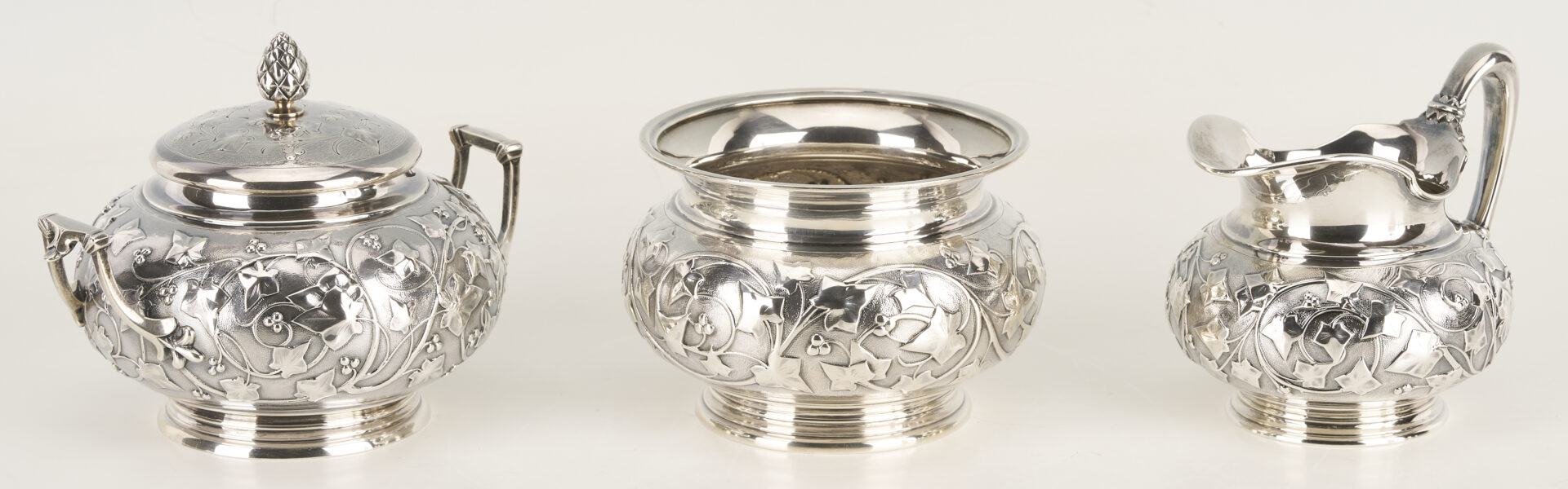 Lot 75: Antique 6 pc. Tiffany Sterling Silver Tea Set, Ivy Chased Pattern