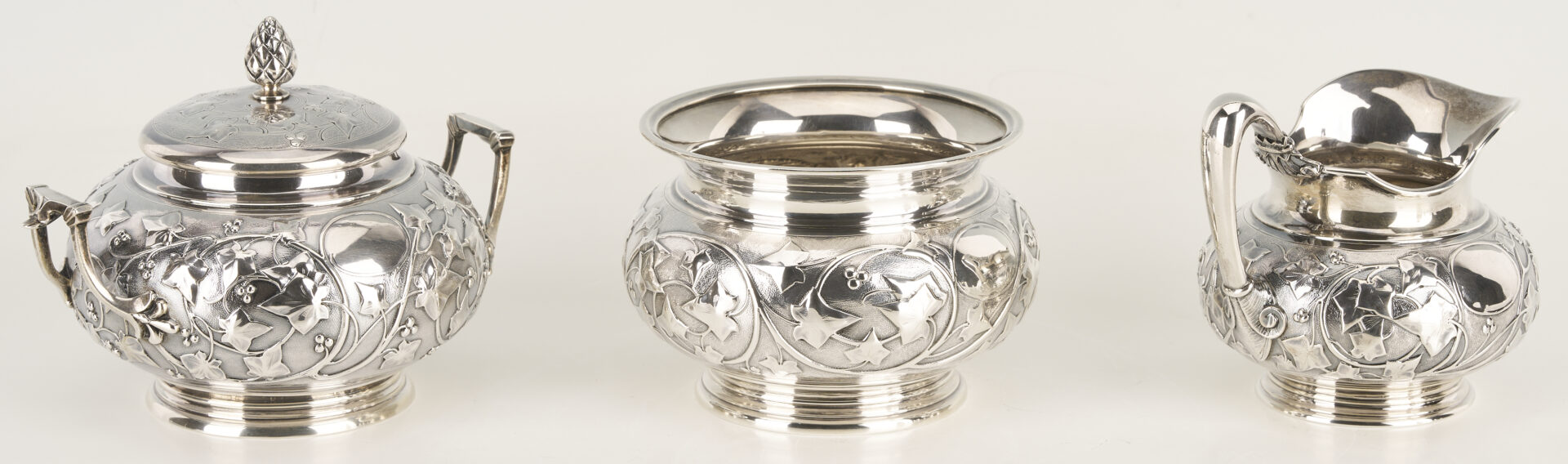 Lot 75: Antique 6 pc. Tiffany Sterling Silver Tea Set, Ivy Chased Pattern