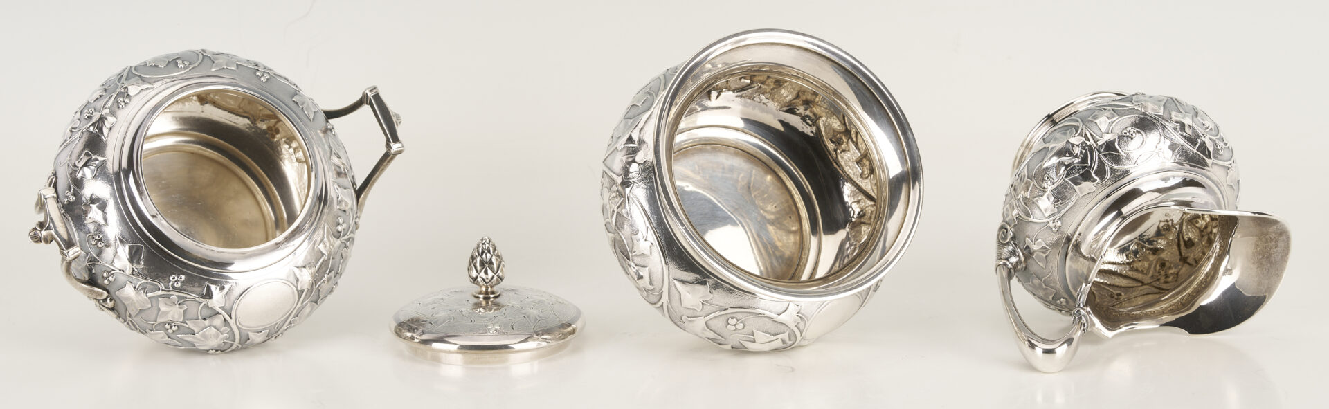 Lot 75: Antique 6 pc. Tiffany Sterling Silver Tea Set, Ivy Chased Pattern