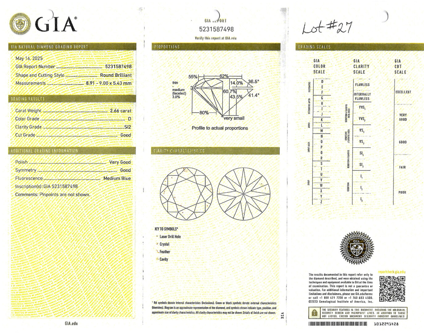Lot 27: 2.66 Ct. Round Solitaire Natural Diamond Pendant, GIA Report
