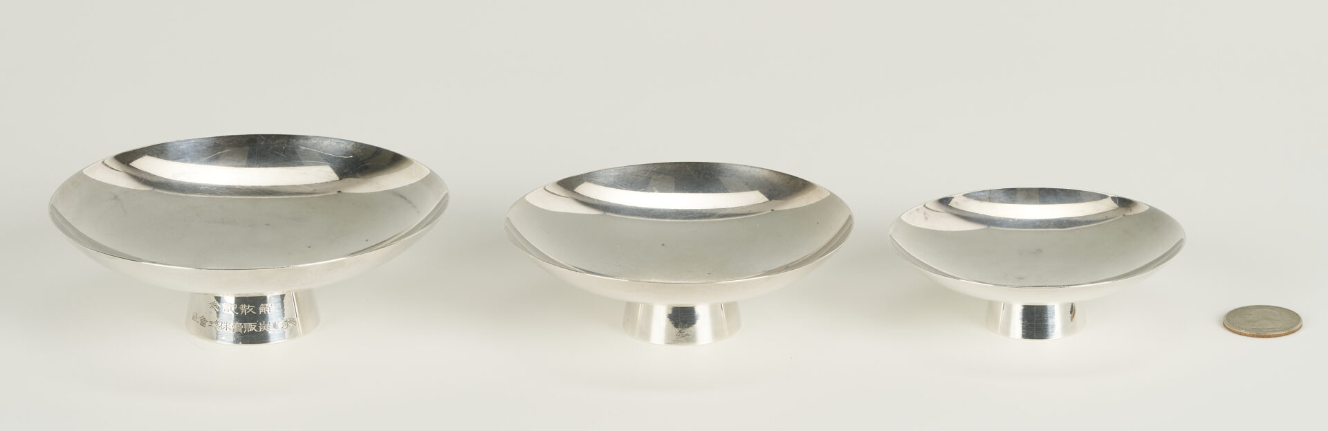 Lot 899: Japanese Silver Sake Bowl Set 3 pc