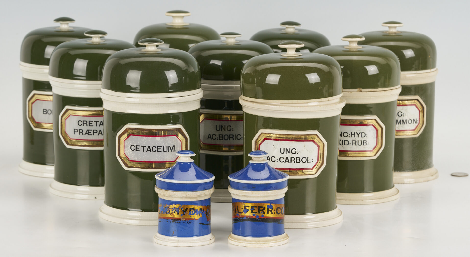 Lot 392: 11 Assembled English Green & Blue Apothecary Jars
