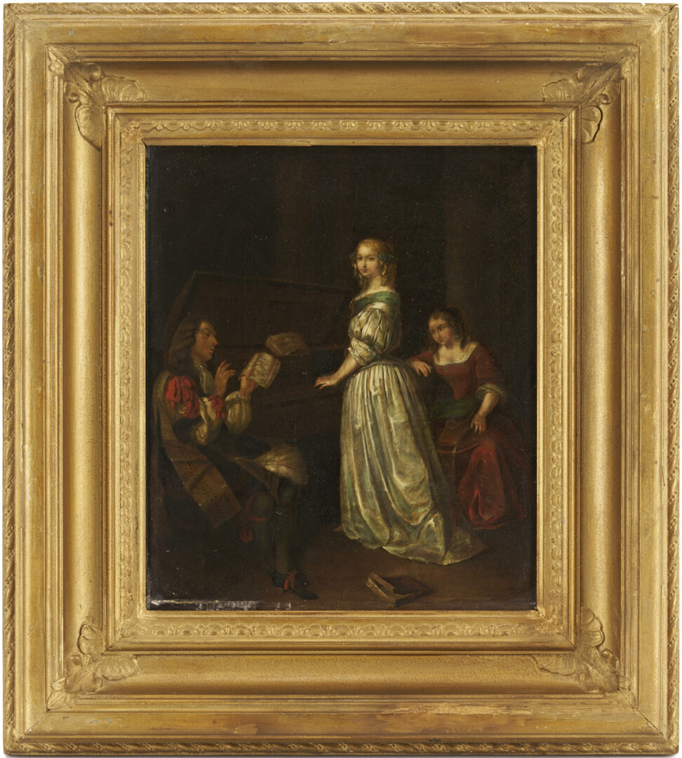 Lot 127: After Caspar Netscher O/C Baroque Genre Painting, A Duet