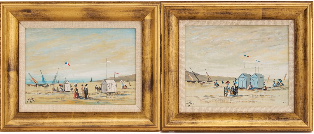 Lot 1304: Pair Small French Beach Scene Paintings, O/C