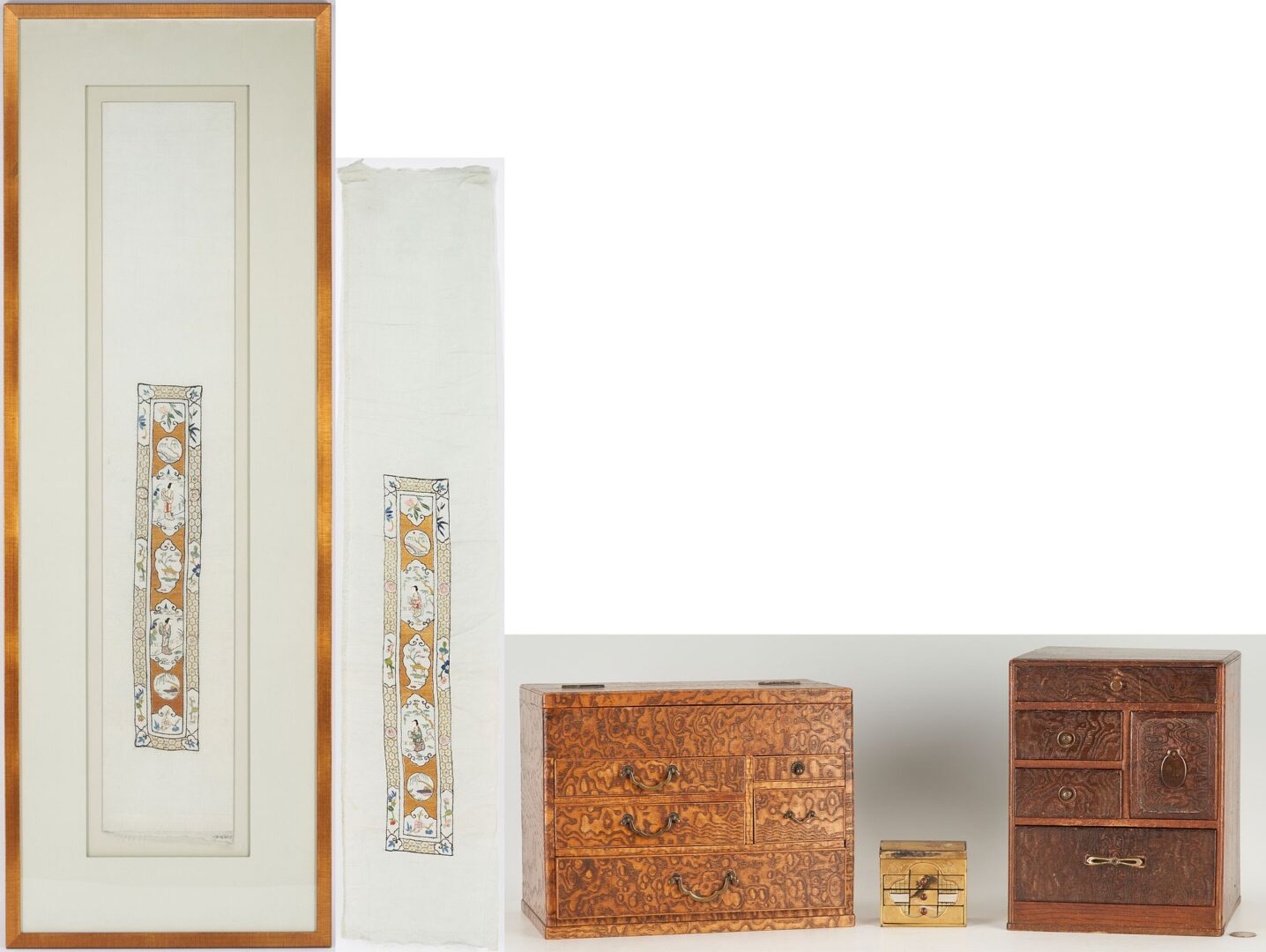 Lot 1006: Two (2) Japanese Tansu Boxes, 1 Signed Miniature Lacquer Box & Pr. Chinese Silk Textiles