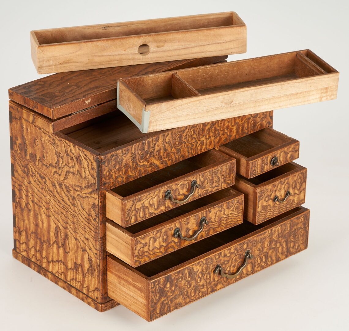Lot 1006: Two (2) Japanese Tansu Boxes, 1 Signed Miniature Lacquer Box & Pr. Chinese Silk Textiles