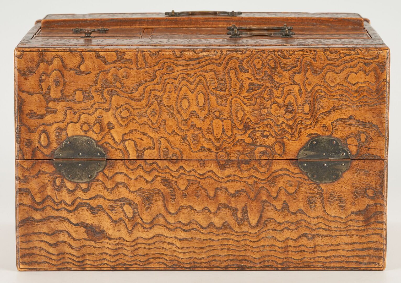 Lot 1006: Two (2) Japanese Tansu Boxes, 1 Signed Miniature Lacquer Box & Pr. Chinese Silk Textiles