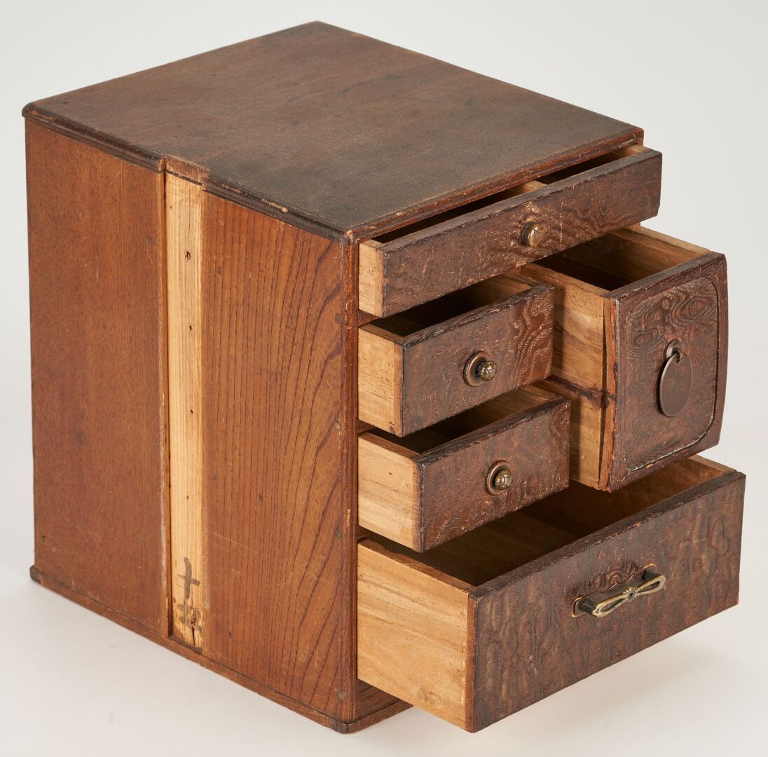 Lot 1006: Two (2) Japanese Tansu Boxes, 1 Signed Miniature Lacquer Box & Pr. Chinese Silk Textiles