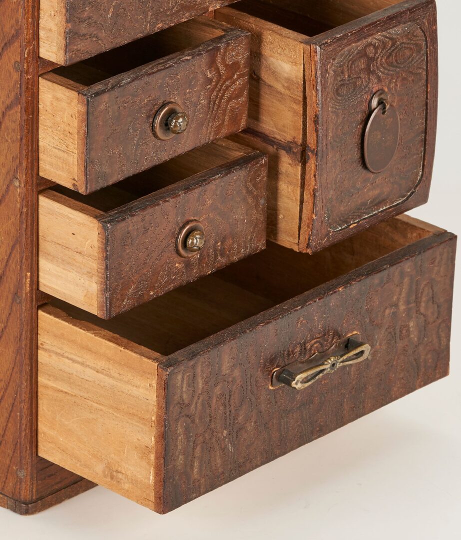Lot 1006: Two (2) Japanese Tansu Boxes, 1 Signed Miniature Lacquer Box & Pr. Chinese Silk Textiles