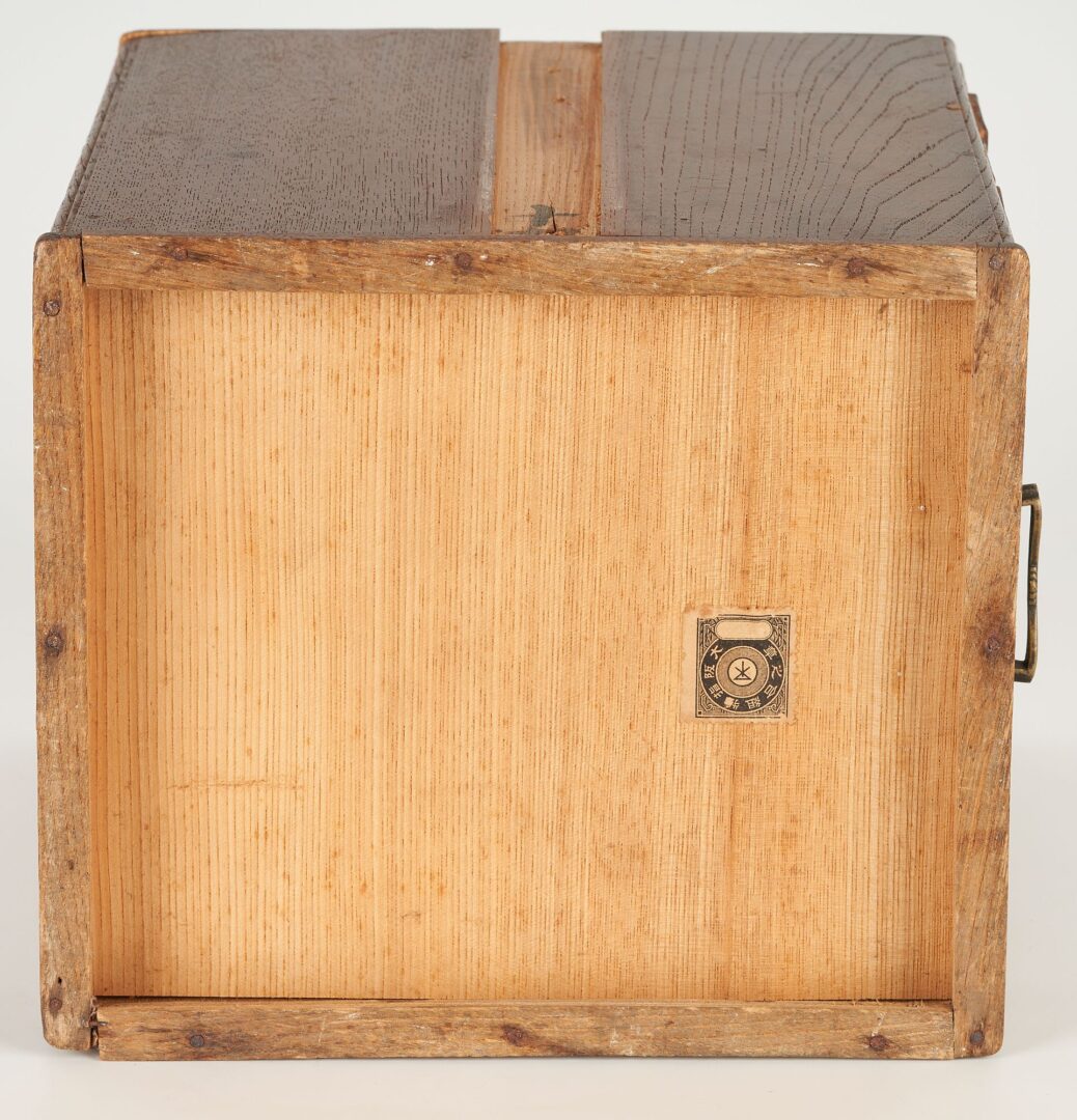 Lot 1006: Two (2) Japanese Tansu Boxes, 1 Signed Miniature Lacquer Box & Pr. Chinese Silk Textiles