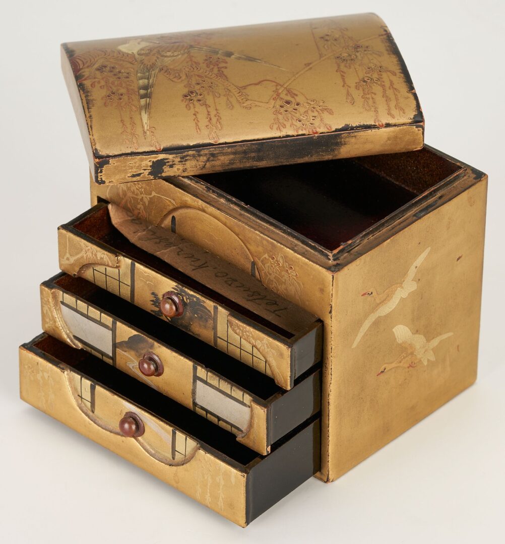 Lot 1006: Two (2) Japanese Tansu Boxes, 1 Signed Miniature Lacquer Box & Pr. Chinese Silk Textiles