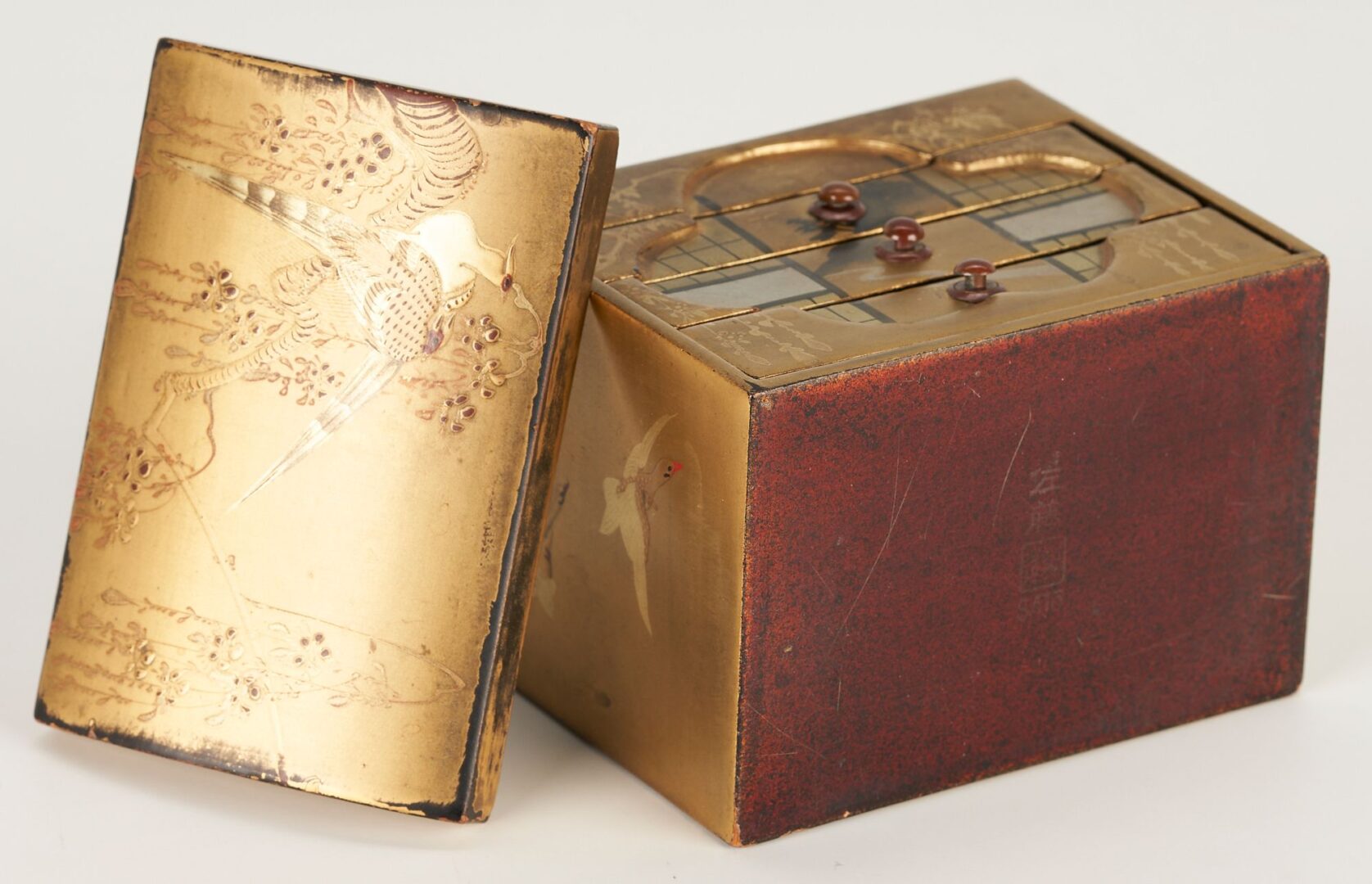Lot 1006: Two (2) Japanese Tansu Boxes, 1 Signed Miniature Lacquer Box & Pr. Chinese Silk Textiles