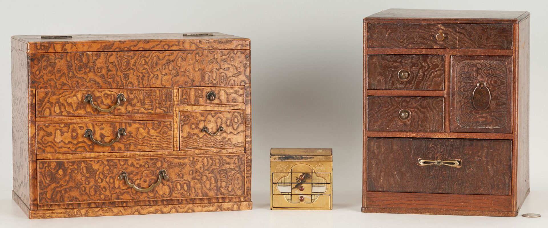Lot 1006: Two (2) Japanese Tansu Boxes, 1 Signed Miniature Lacquer Box & Pr. Chinese Silk Textiles