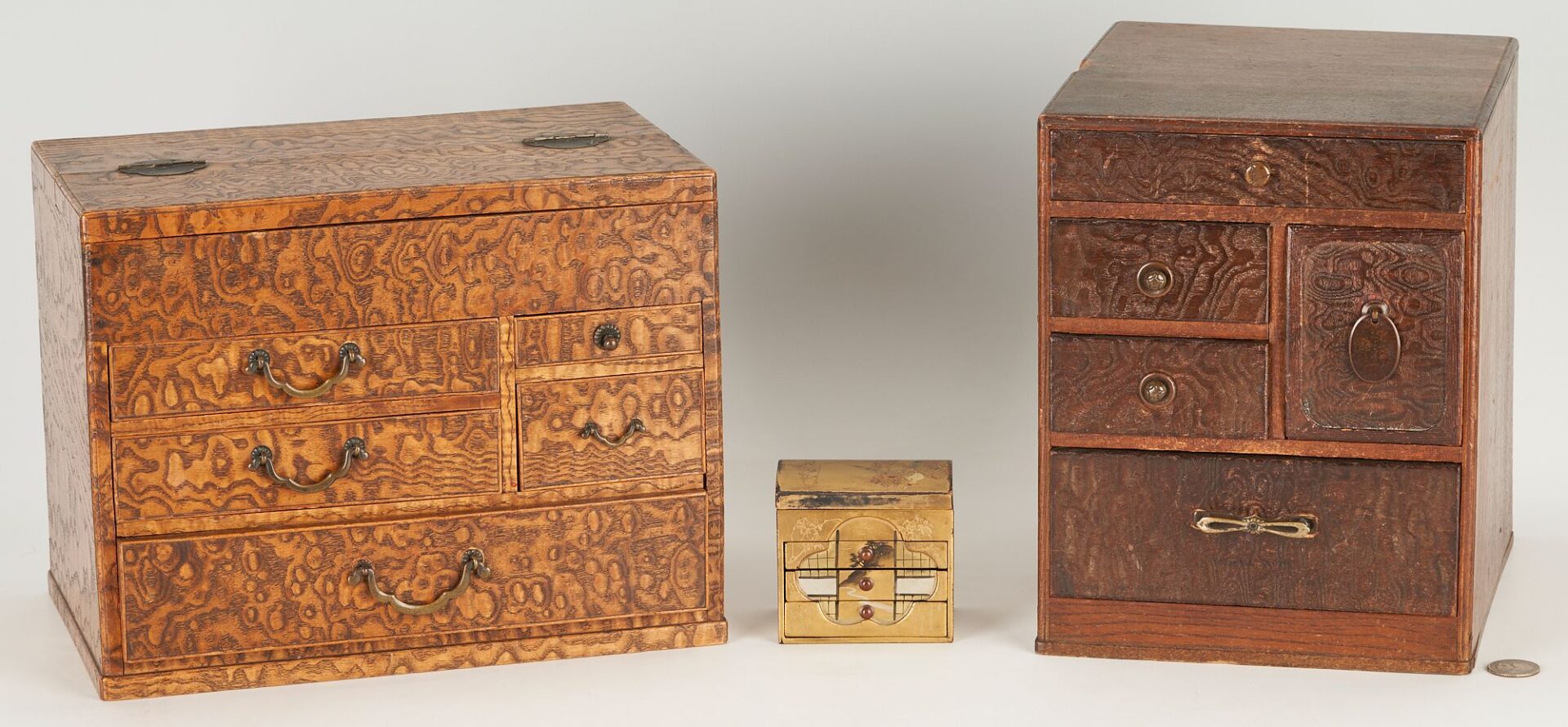 Lot 1006: Two (2) Japanese Tansu Boxes, 1 Signed Miniature Lacquer Box & Pr. Chinese Silk Textiles