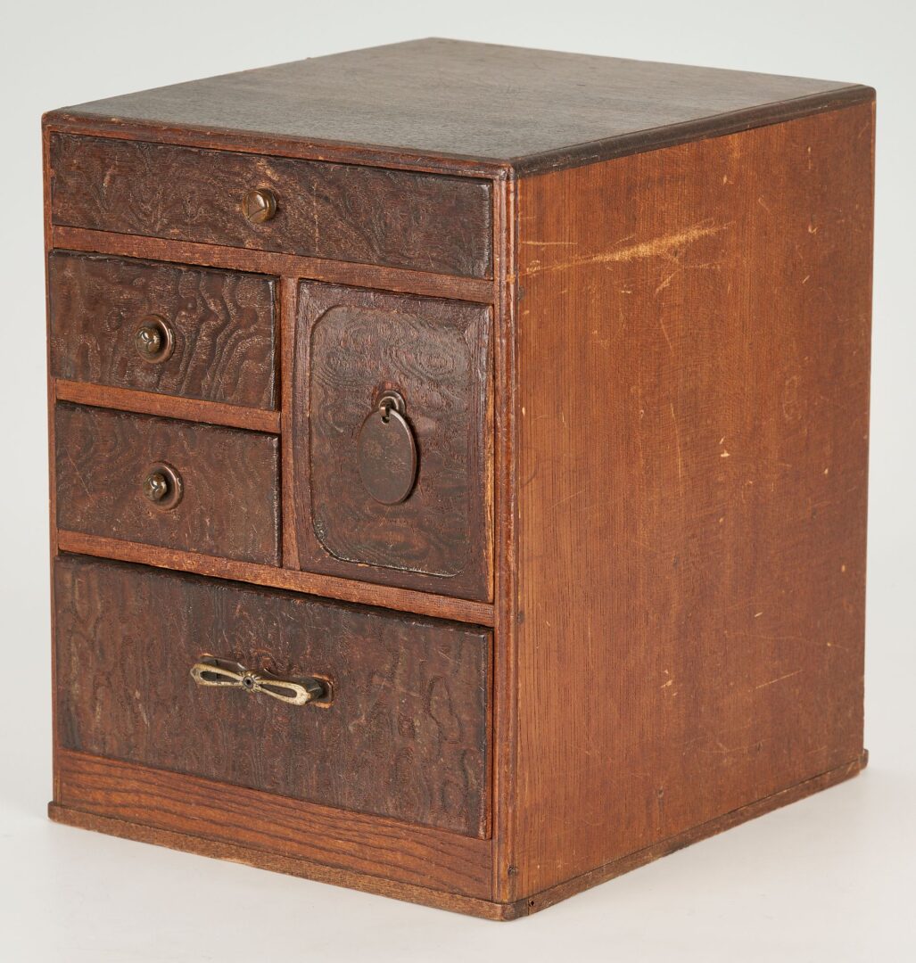 Lot 1006: Two (2) Japanese Tansu Boxes, 1 Signed Miniature Lacquer Box & Pr. Chinese Silk Textiles