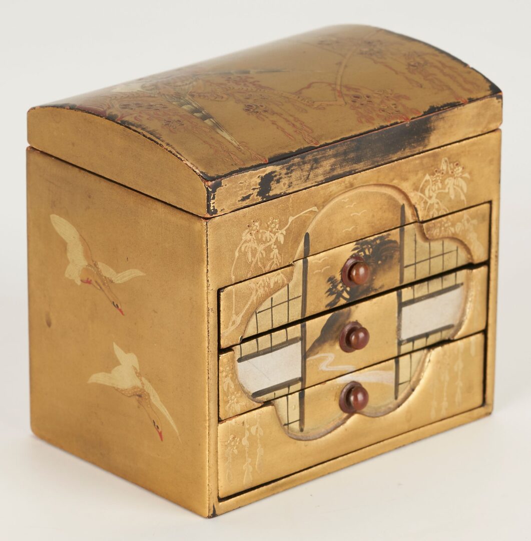 Lot 1006: Two (2) Japanese Tansu Boxes, 1 Signed Miniature Lacquer Box & Pr. Chinese Silk Textiles