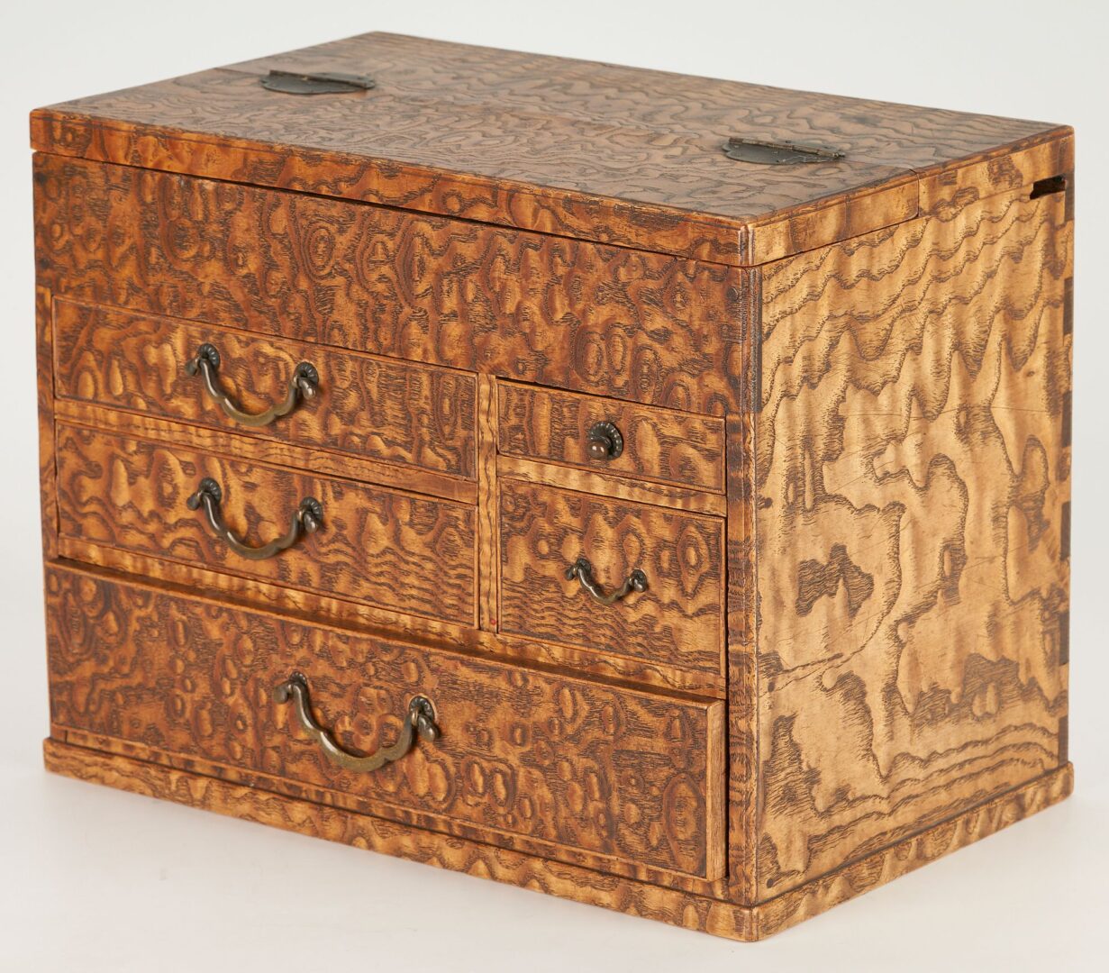 Lot 1006: Two (2) Japanese Tansu Boxes, 1 Signed Miniature Lacquer Box & Pr. Chinese Silk Textiles
