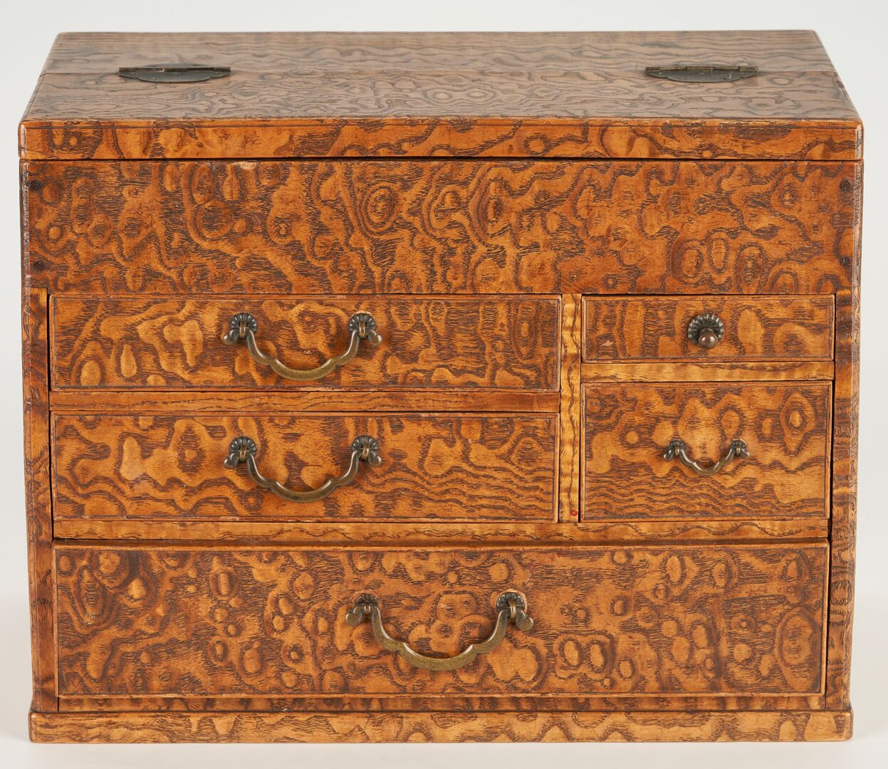 Lot 1006: Two (2) Japanese Tansu Boxes, 1 Signed Miniature Lacquer Box & Pr. Chinese Silk Textiles