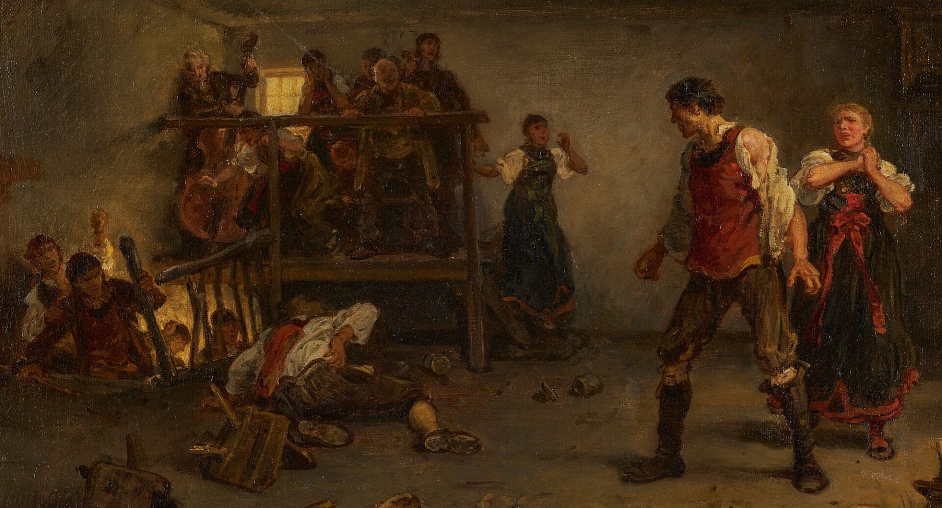 Lot 100: Ludwig Knaus O/C Painting, Bar Brawl Scene
