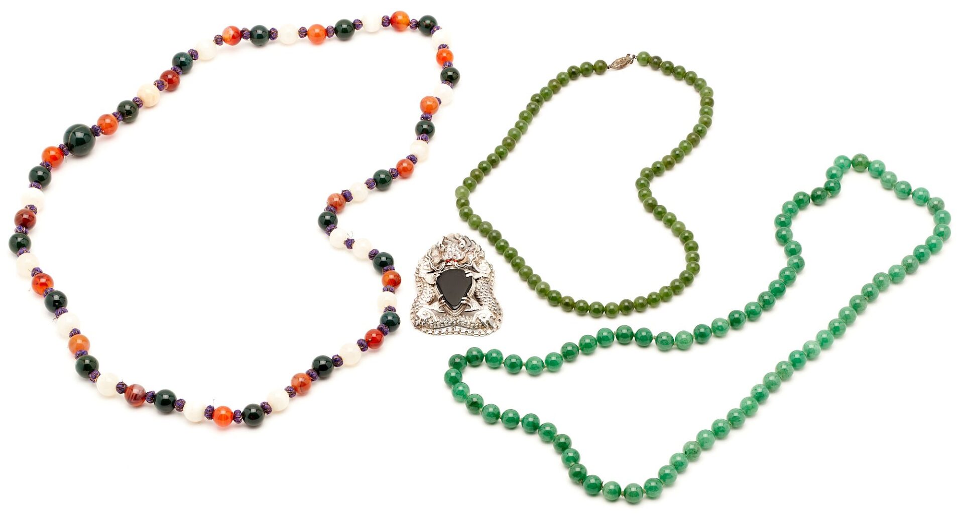 Lot 1010: Four (4) Asian Jewelry Items, incl. Jade Necklaces & Dragon Brooch