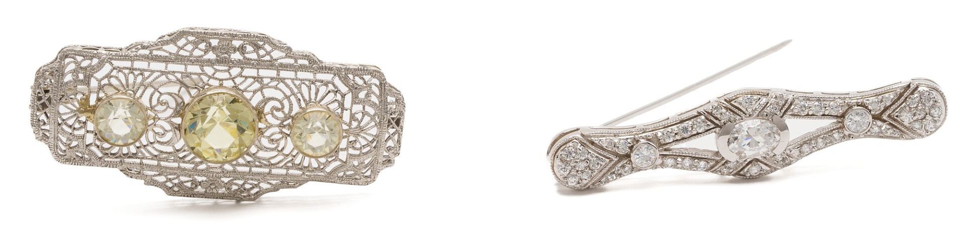 Lot 1016: 2 Art Deco Style 14K Gold & CZ Brooches