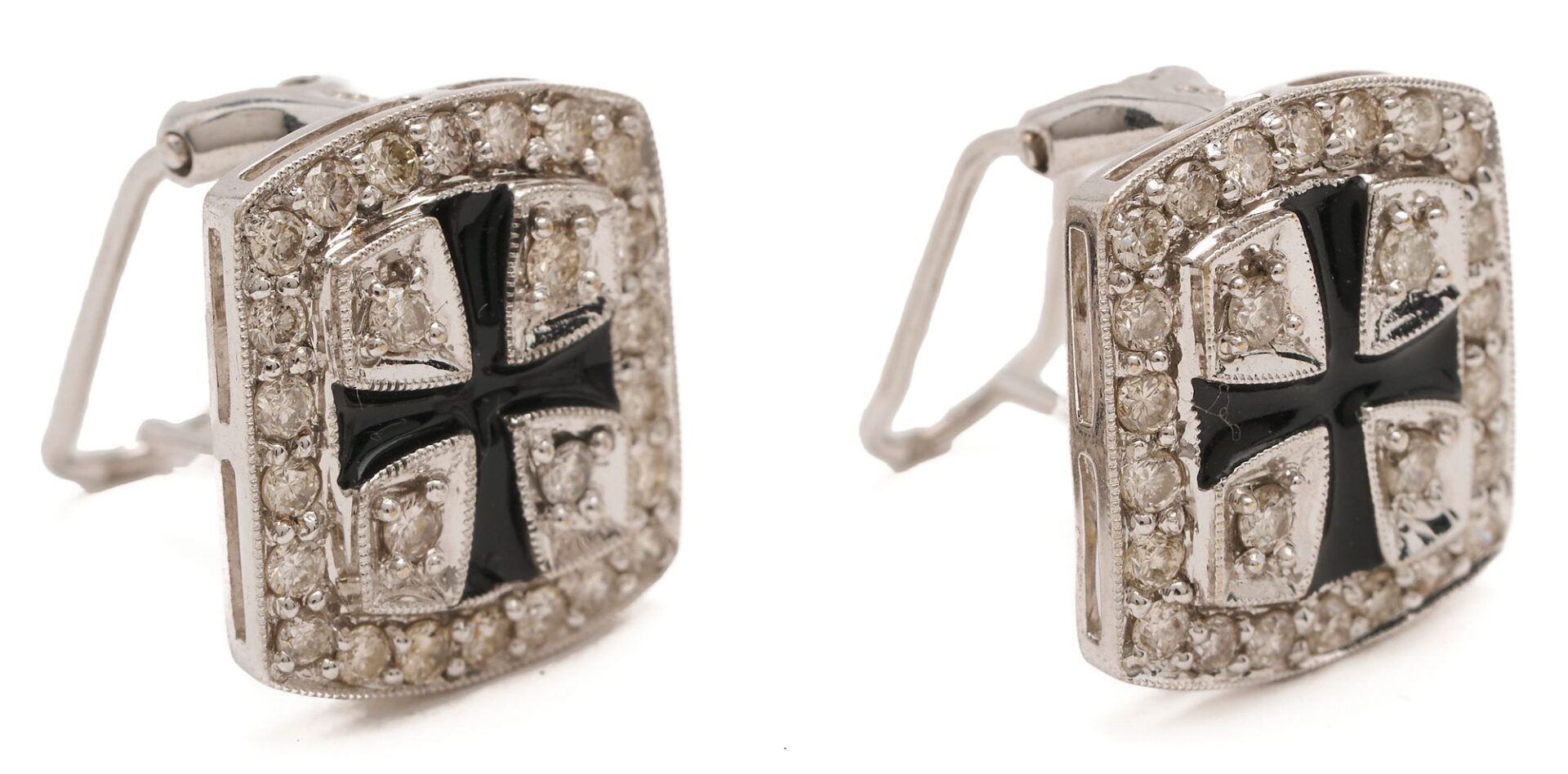 Lot 1021: 18K Gold Diamond & Enamel Earrings