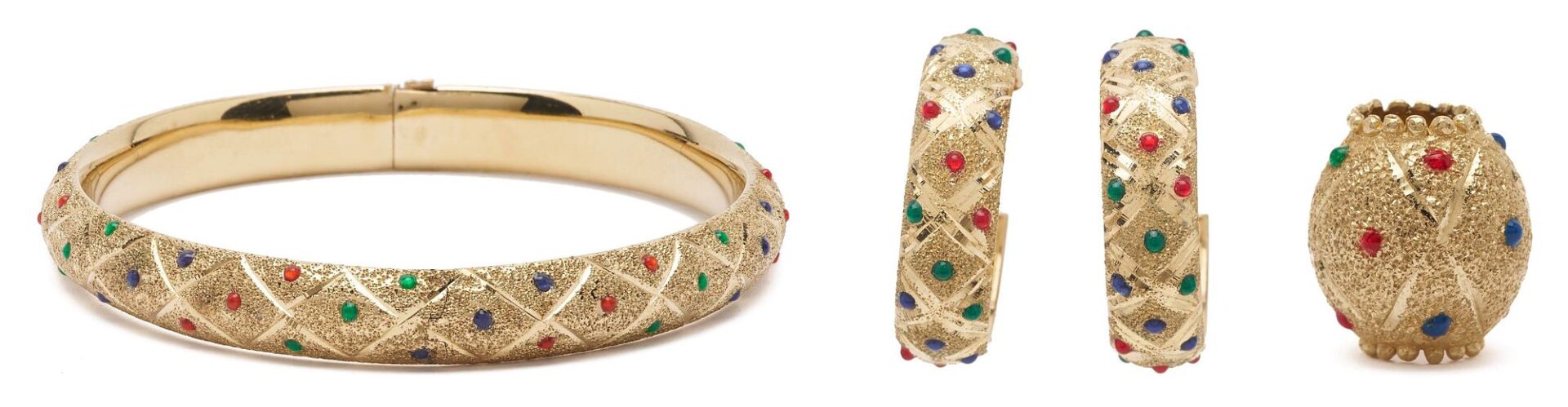 Lot 1037: 10K Gold & Enameled Bracelet, Earrings, & Pendant Bead