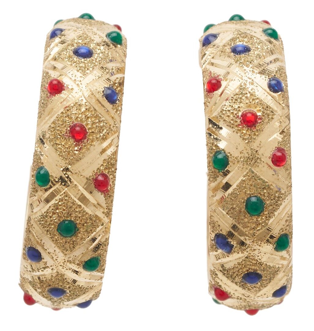 Lot 1037: 10K Gold & Enameled Bracelet, Earrings, & Pendant Bead