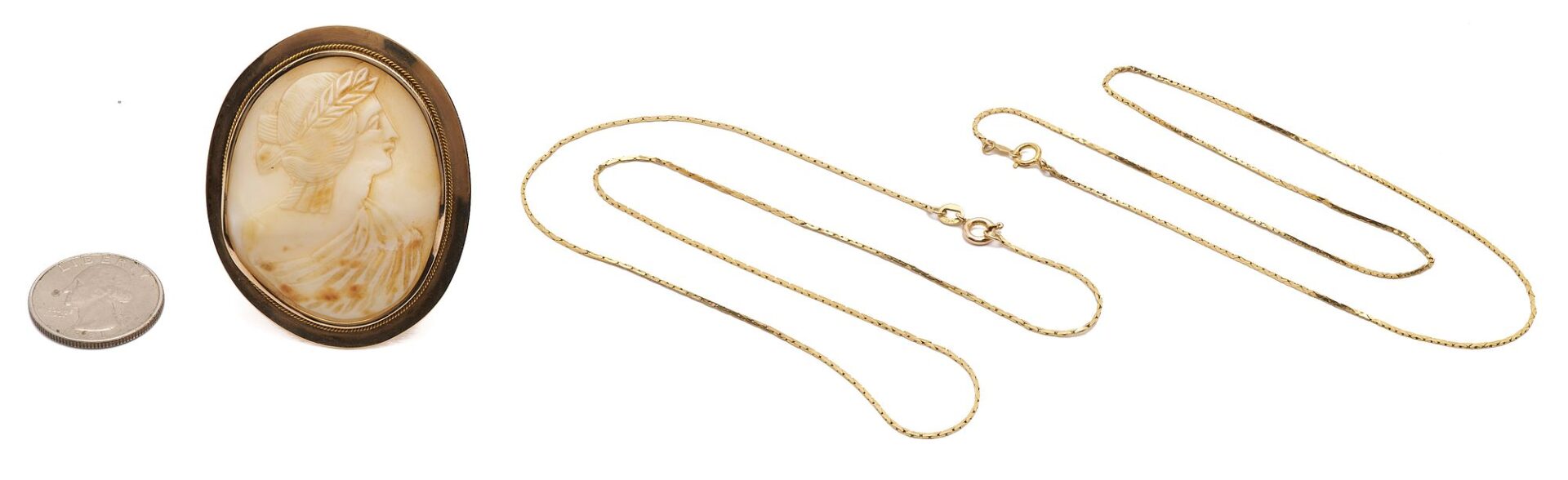 Lot 1042: 14K Gold Cameo & 2 14K Gold Necklaces