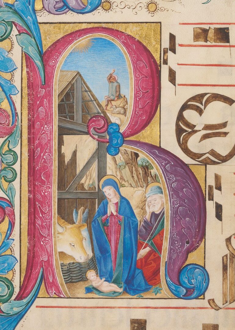 Lot 104: Illuminated Manuscript Leaf w/ Nativity