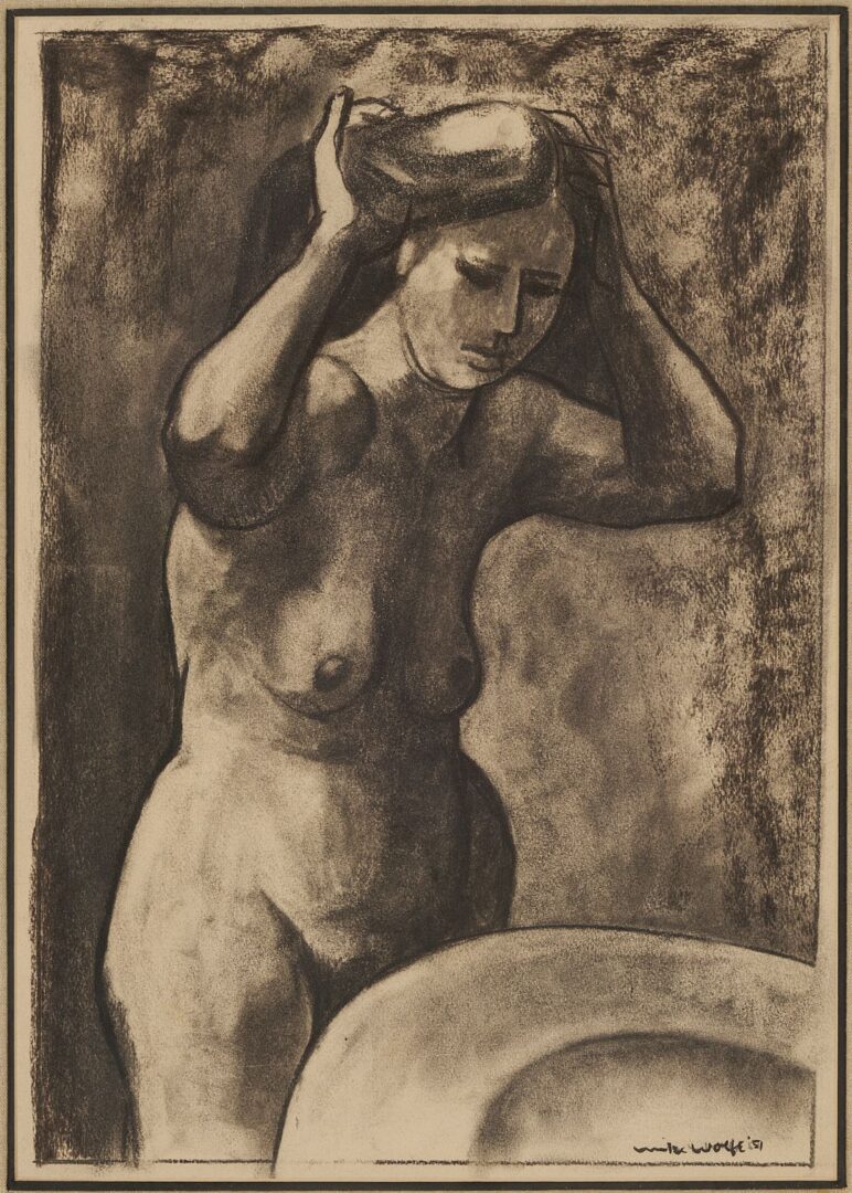 Lot 1072: Meyer Wolfe Charcoal Drawing, Nude Woman at Basin