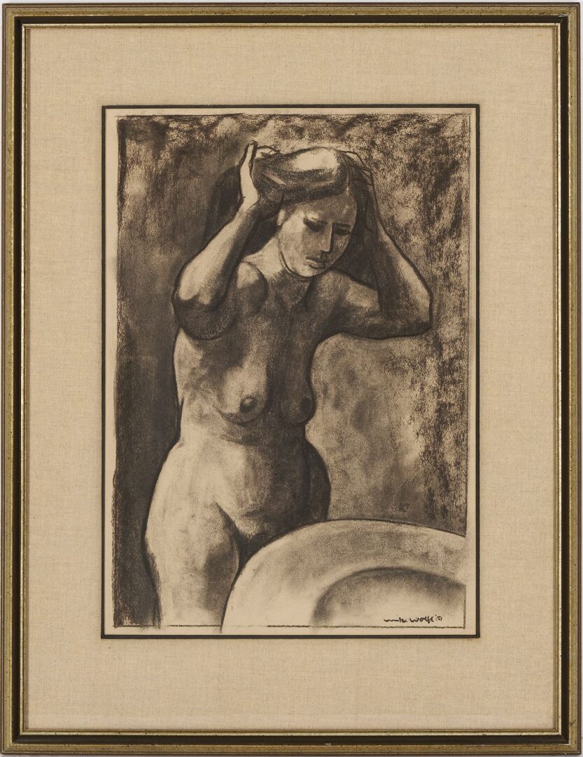 Lot 1072: Meyer Wolfe Charcoal Drawing, Nude Woman at Basin