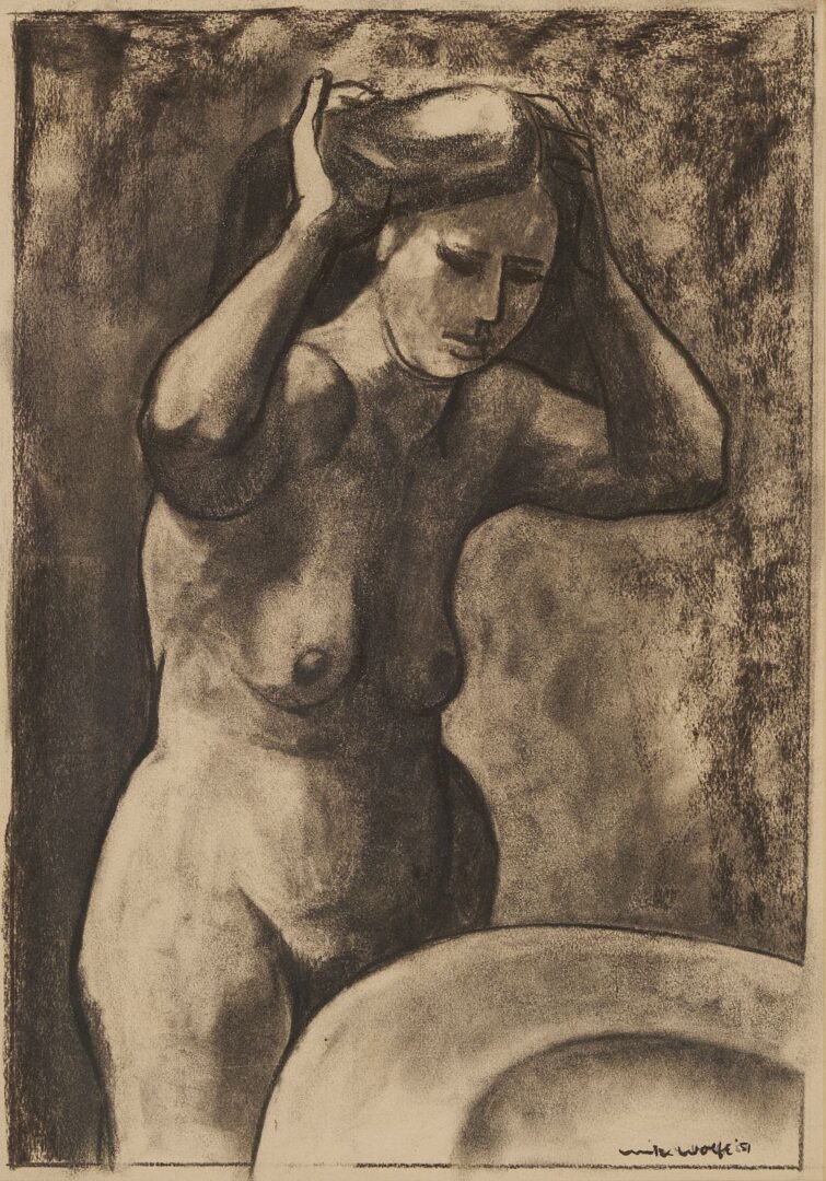 Lot 1072: Meyer Wolfe Charcoal Drawing, Nude Woman at Basin