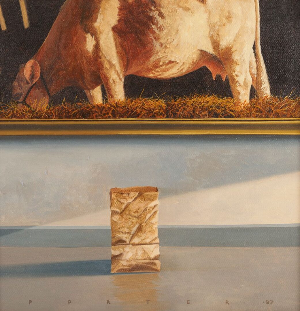 Lot 1078: Ron Porter Modernist O/C Painting, Bag w/ Cow Painting