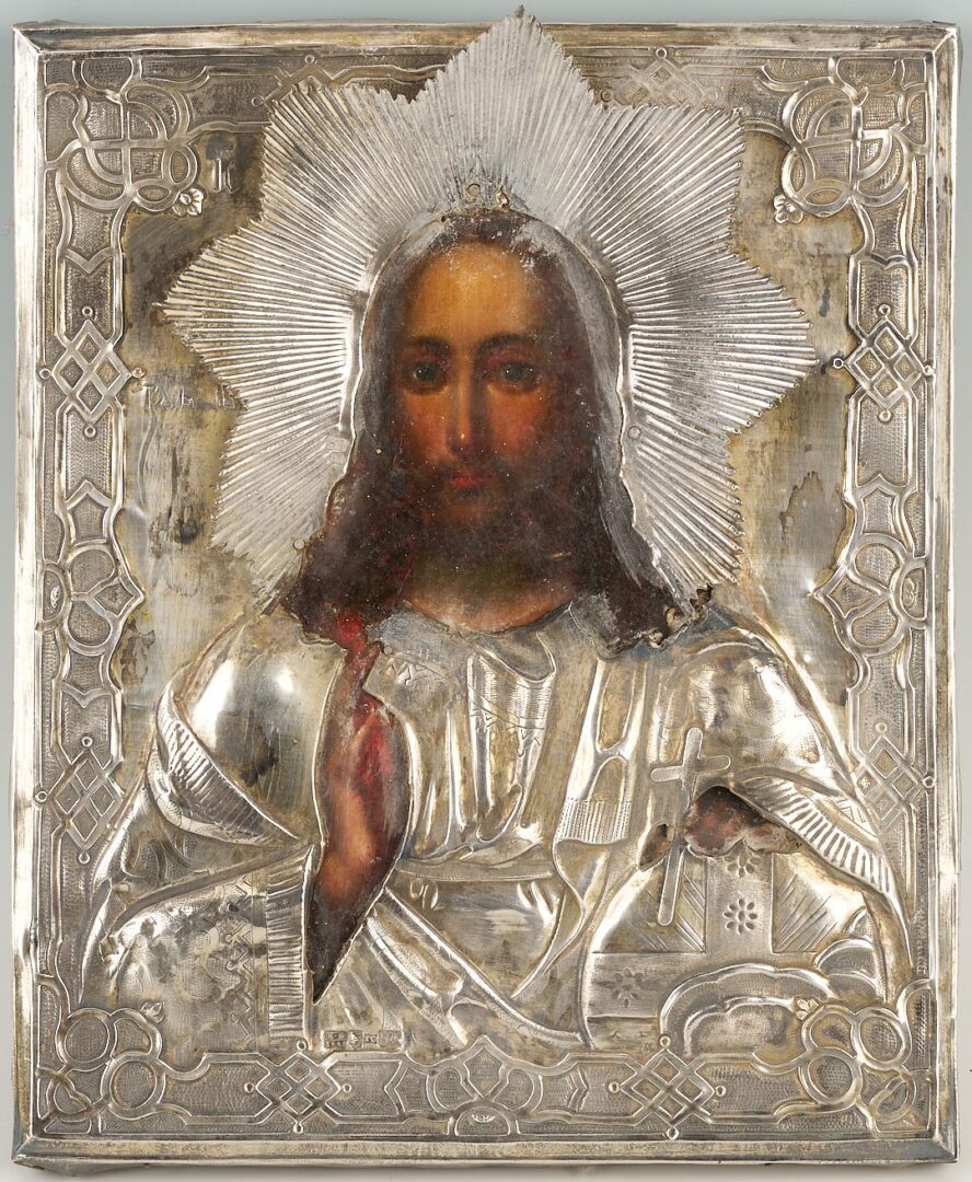 Lot 107: 19th C. Russian Icon of Jesus (Christ Pantokrator)