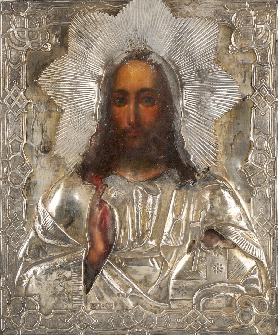 Lot 107: 19th C. Russian Icon of Jesus (Christ Pantokrator)