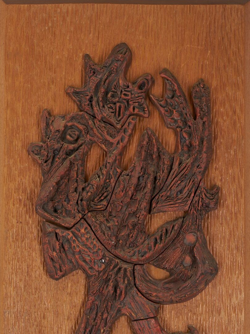 Lot 1080: Sylvia Hyman MCM Ceramic and Wood Sculpture Plaque, Shalom