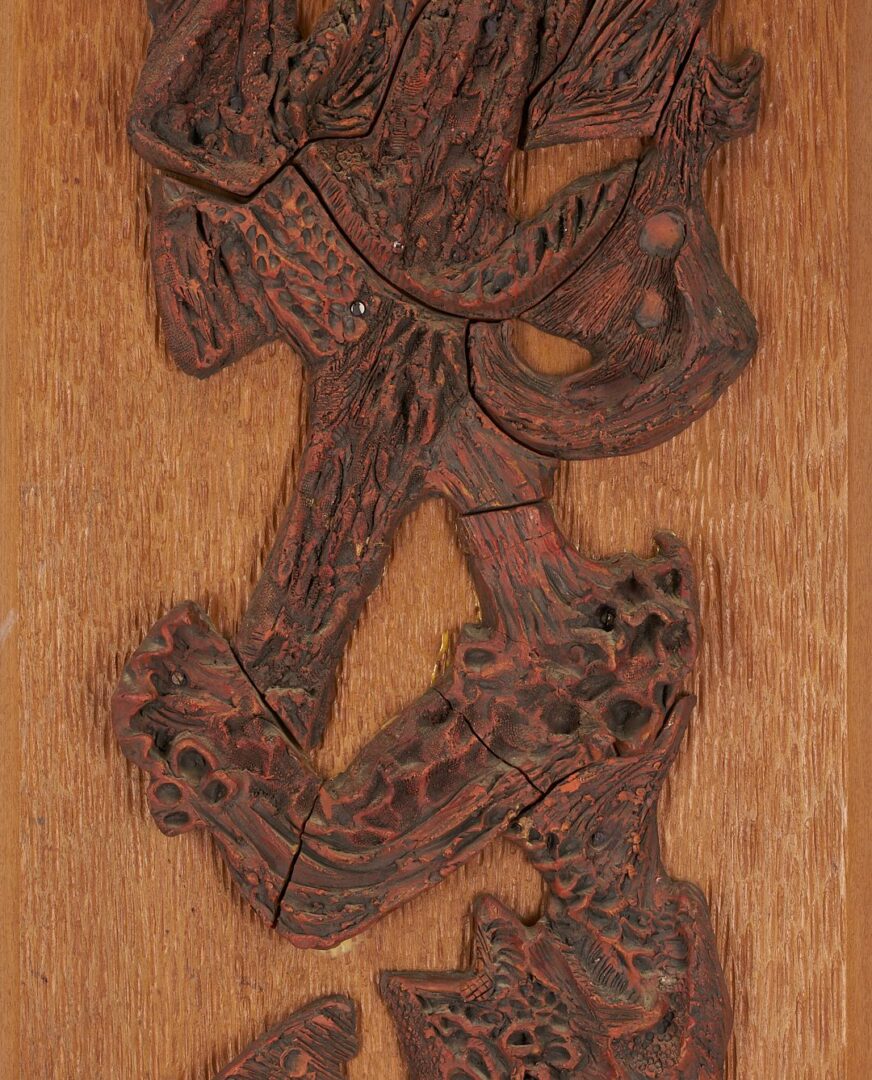 Lot 1080: Sylvia Hyman MCM Ceramic and Wood Sculpture Plaque, Shalom