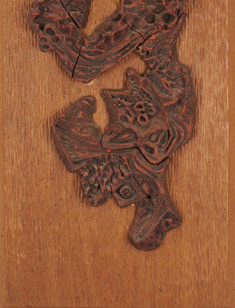 Lot 1080: Sylvia Hyman MCM Ceramic and Wood Sculpture Plaque, Shalom