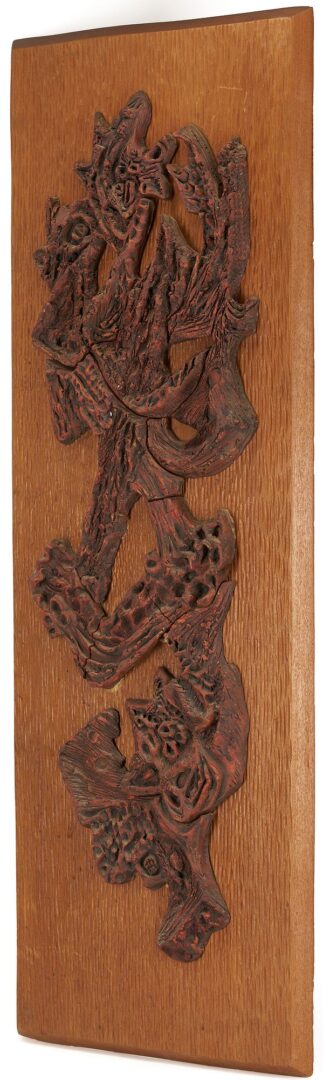 Lot 1080: Sylvia Hyman MCM Ceramic and Wood Sculpture Plaque, Shalom