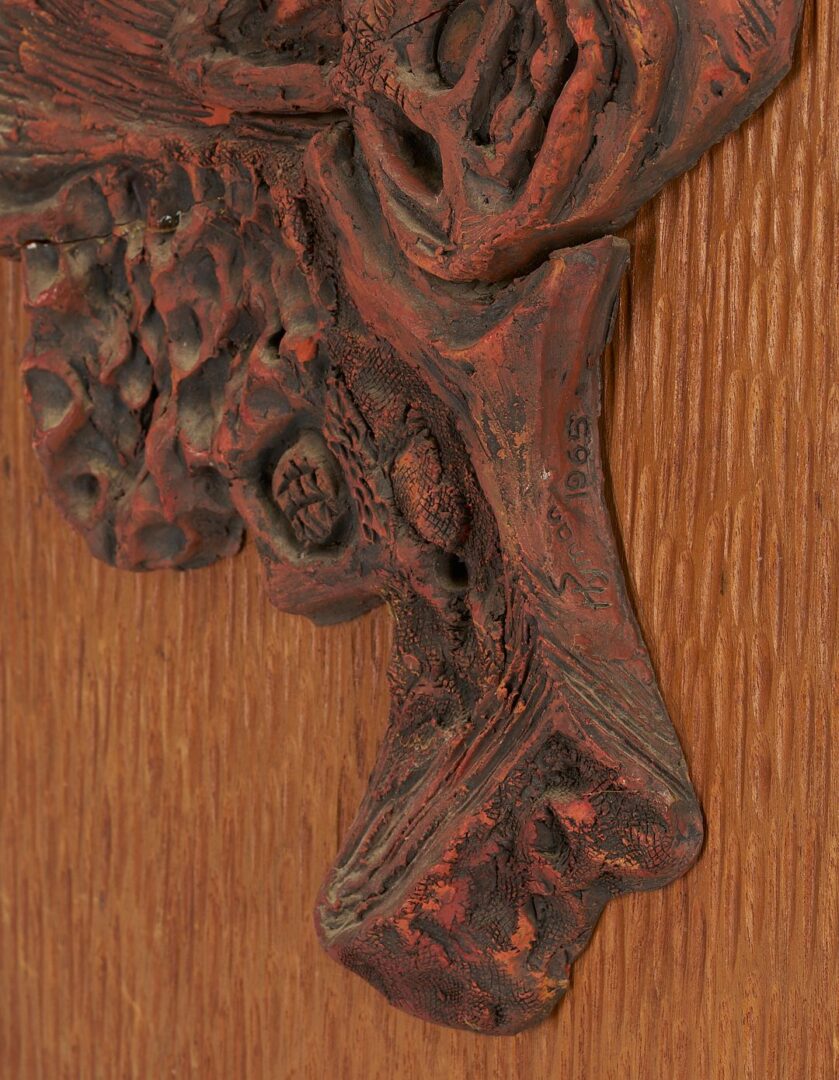 Lot 1080: Sylvia Hyman MCM Ceramic and Wood Sculpture Plaque, Shalom