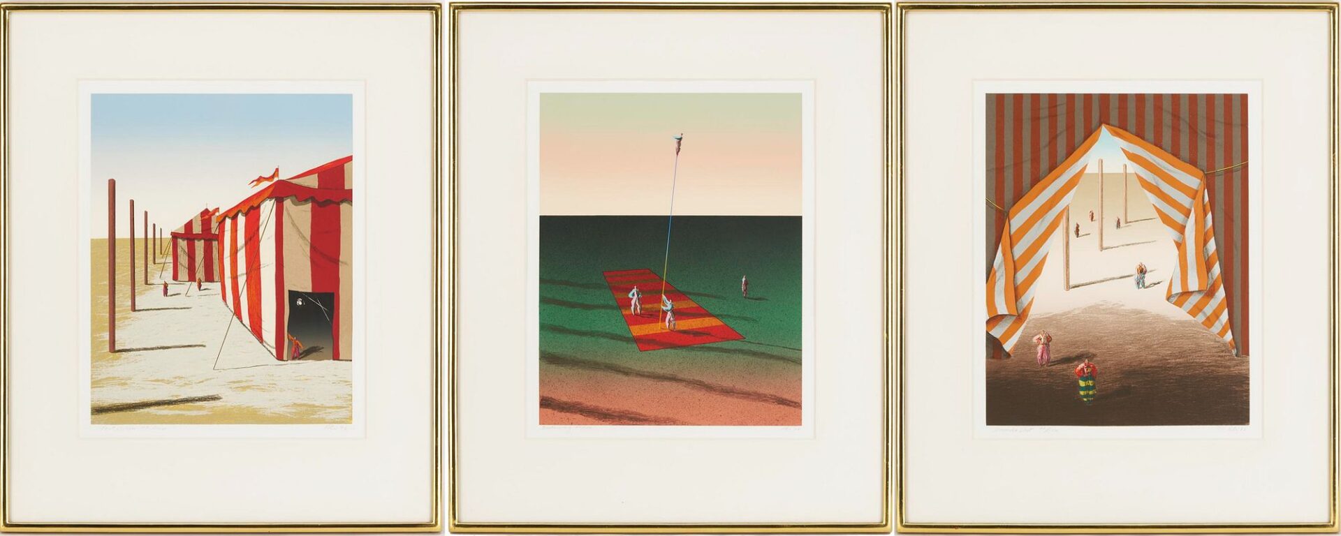 Lot 1086: 3 Ali Cann-Clift Signed Surrealist Circus Serigraphs: Inside Out, Balancing, & Tent Show